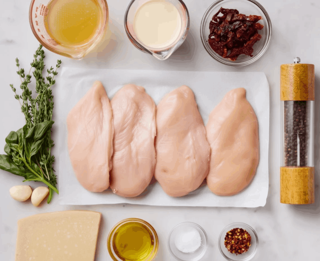 Ingredients for marry me chicken including chicken breasts, sun-dried tomatoes, heavy cream, Parmesan and garlic.