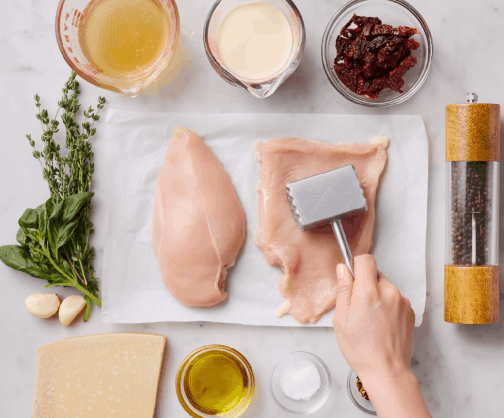 Chicken breast being pounded to even thickness before dredging for marry me chicken.