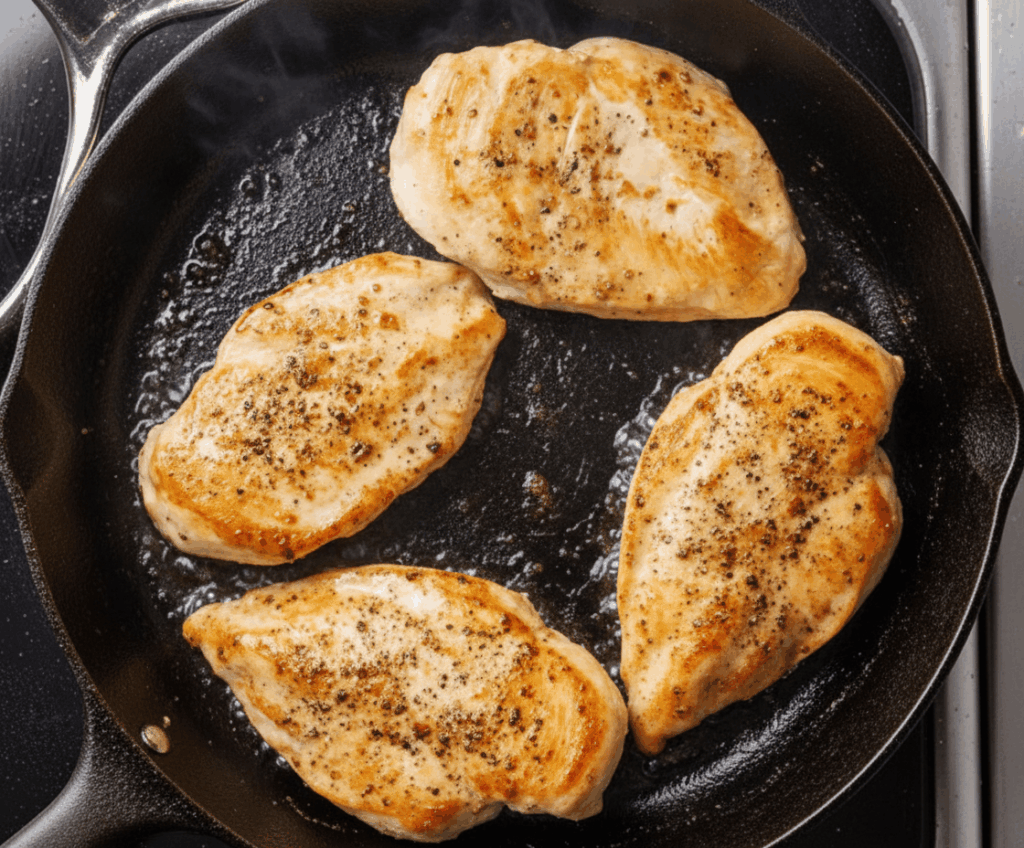 Chicken breast searing in a 
cast iron skillet until golden brown 
for marry me chicken.