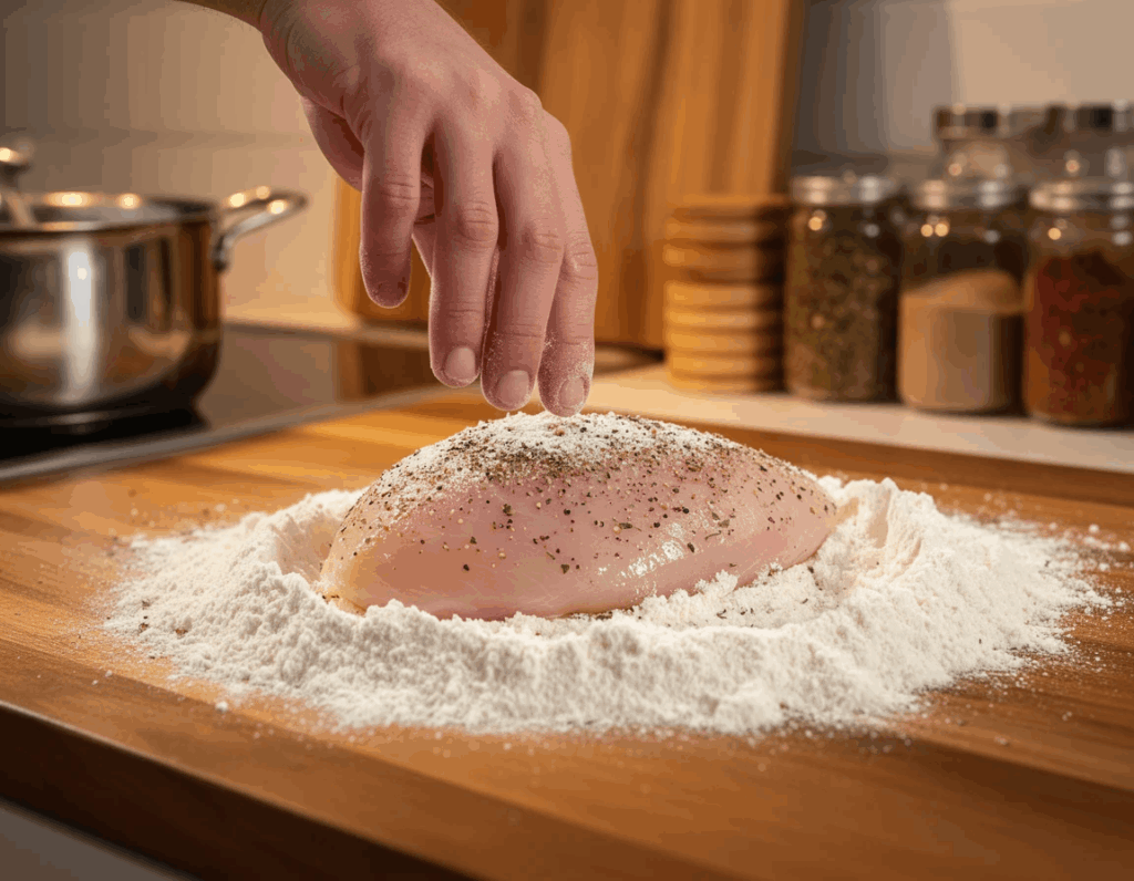 Chicken breast being dredged in seasoned 
flour before searing for marry me chicken.