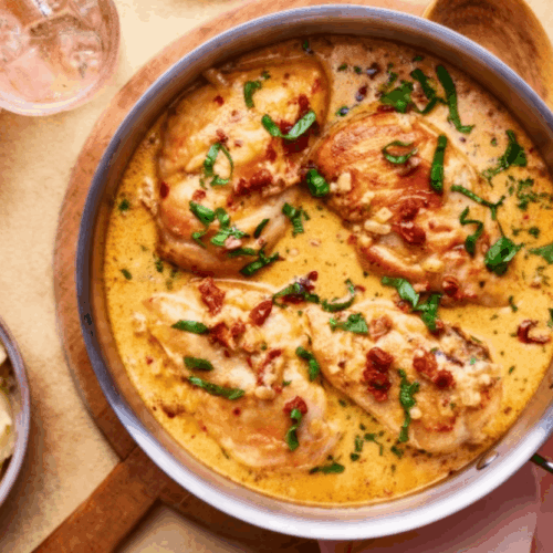 Ingredients for marry me chicken including chicken breasts, sun-dried tomatoes, heavy cream, Parmesan and garlic.