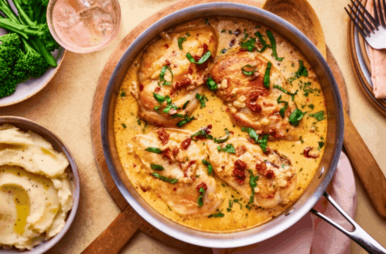 Ingredients for marry me chicken including chicken breasts, sun-dried tomatoes, heavy cream, Parmesan and garlic.