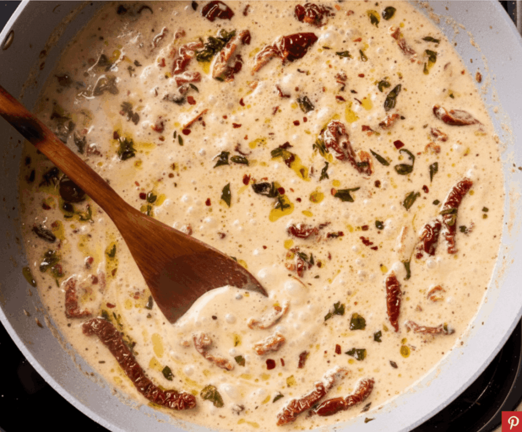 Creamy sun-dried tomato sauce 
simmering in a skillet for marry me 
chicken.