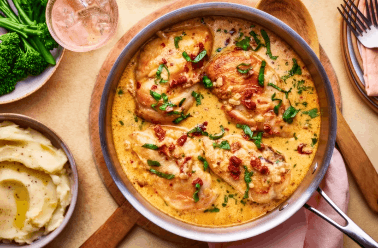 Ingredients for marry me chicken including chicken breasts, sun-dried tomatoes, heavy cream, Parmesan and garlic.