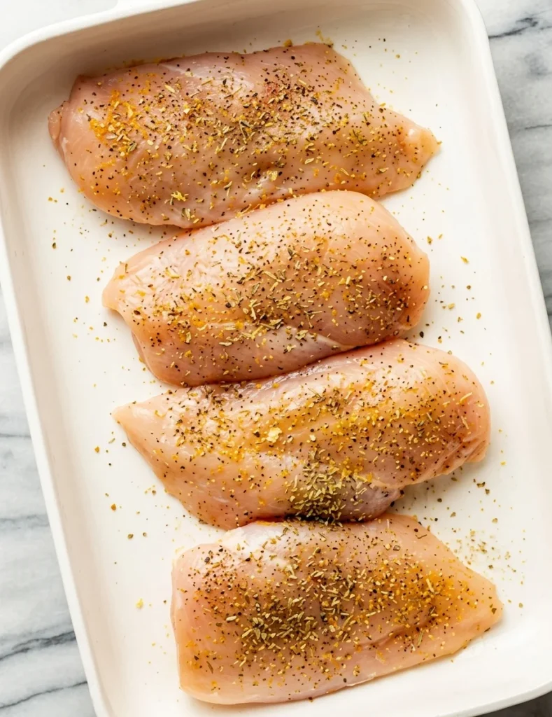 Chicken breasts seasoned with salt, pepper, and Italian seasoning before going into the slow cooker