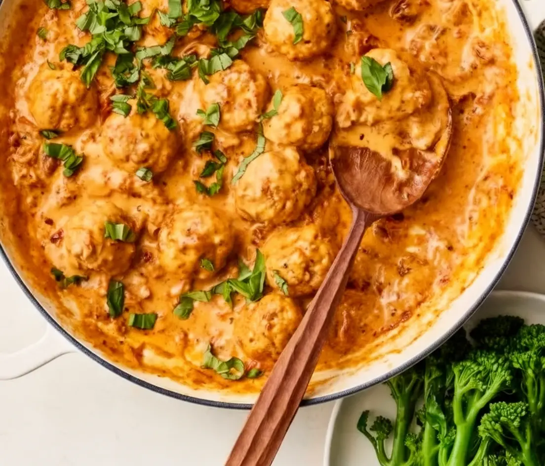 Marry Me Meatballs in a large cast iron skillet with creamy sun-dried tomato sauce, fresh basil garnish, and grated parmesan on top