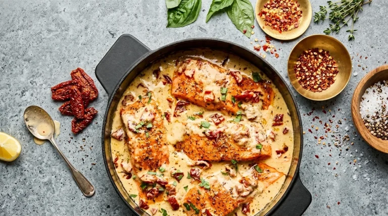 Marry Me Salmon fillets in a cast iron skillet with creamy sun-dried tomato sauce and fresh basil garnish