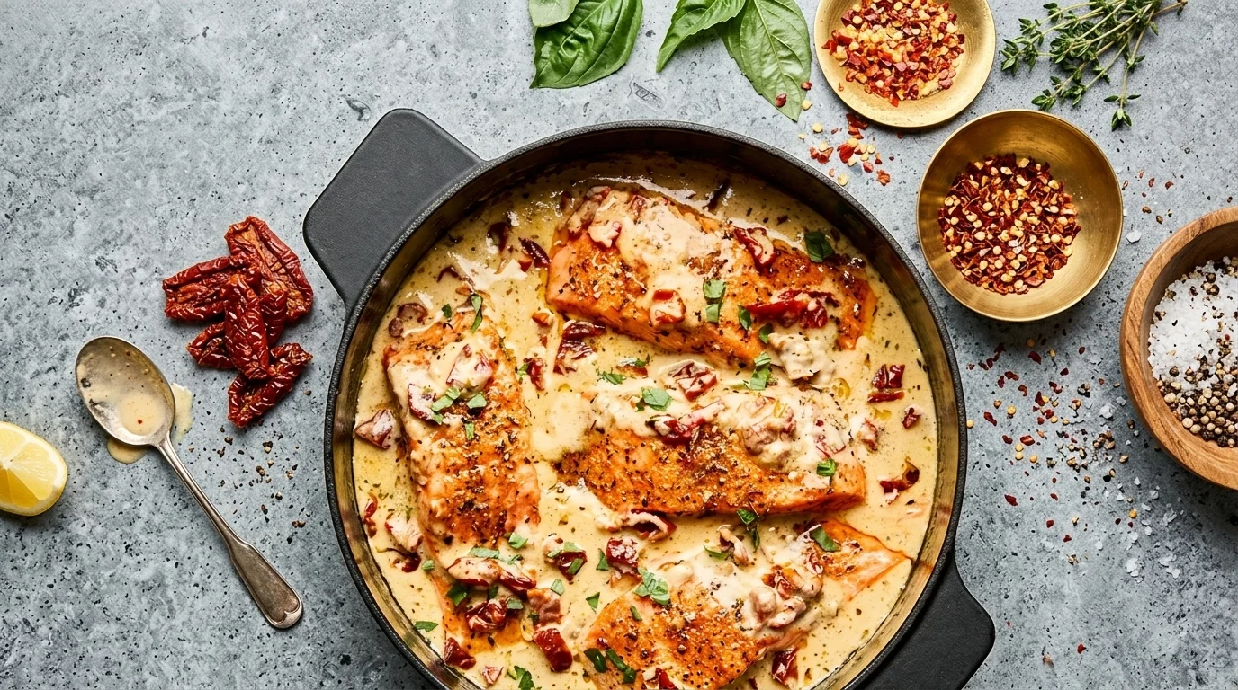 Marry Me Salmon fillets in a cast iron skillet with creamy sun-dried tomato sauce and fresh basil garnish