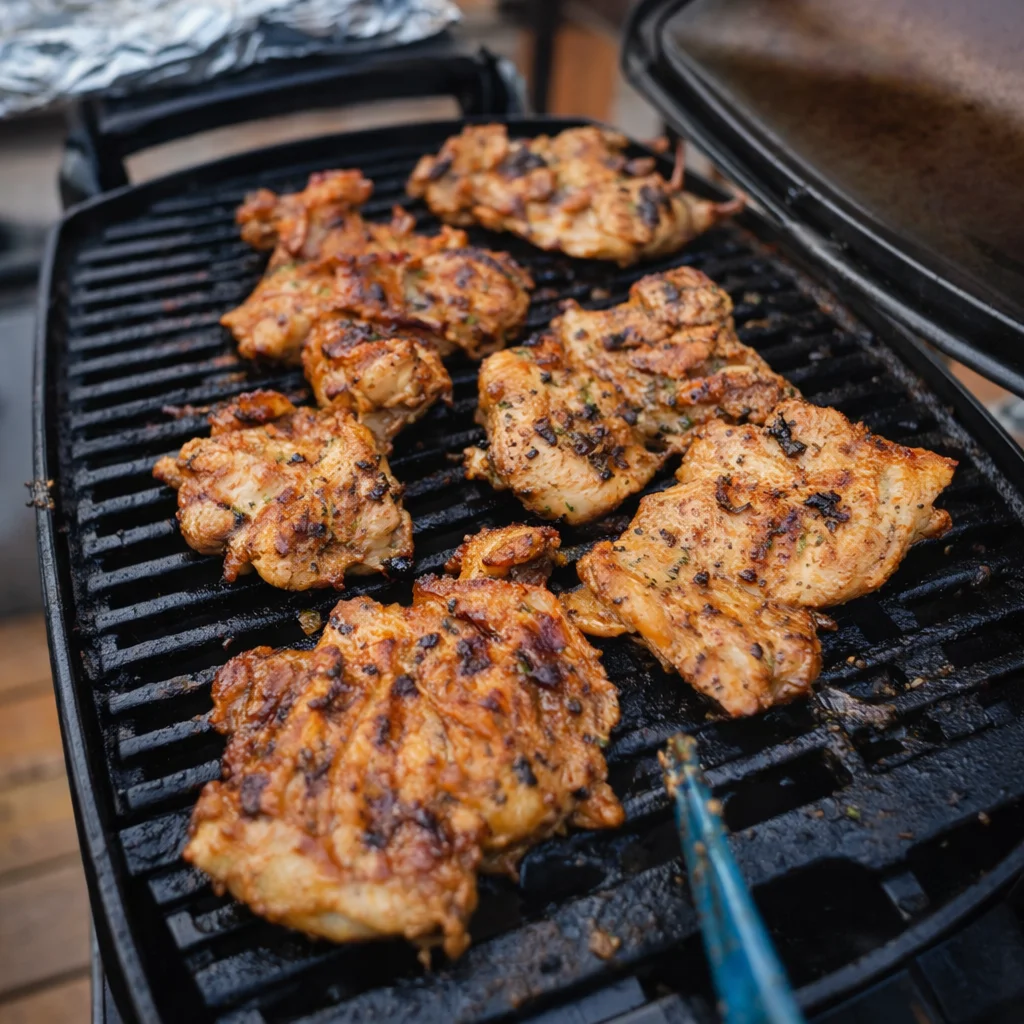 Grilled Marry Me Chicken: Char Marks, Creamy Tuscan Sauce, 40 Minutes 2 Thin butterflied chicken breast cooking on charcoal grill grates with visible char marks and smoke