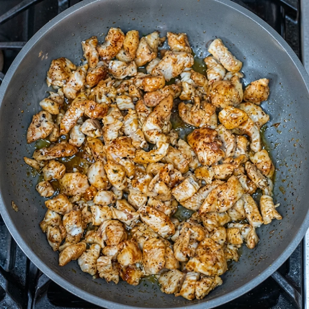 chicken pieces searing in sun-dried tomato oil in cast iron skillet with golden brown crust forming