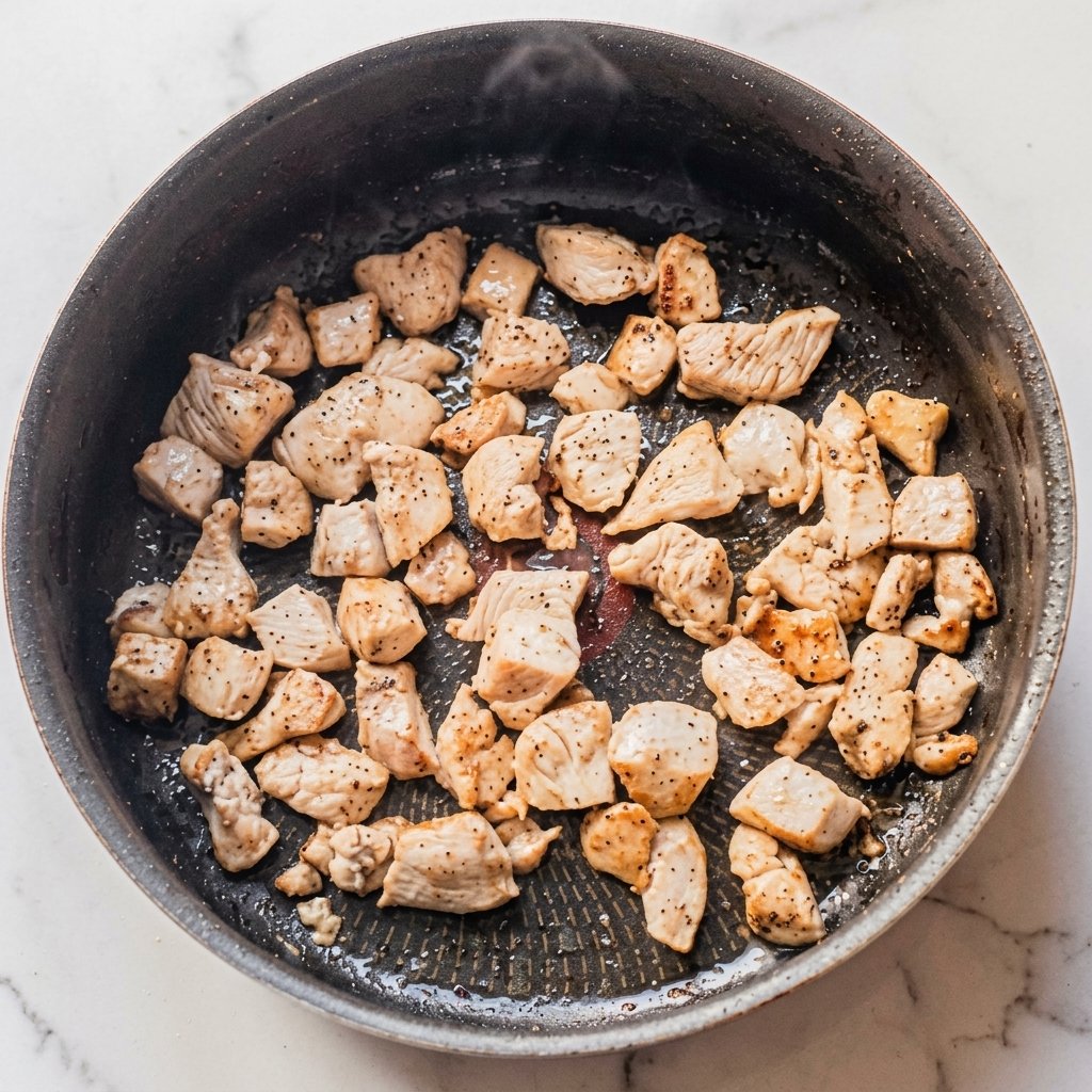 bite-sized chicken pieces seared golden brown in skillet for marry me chicken pasta