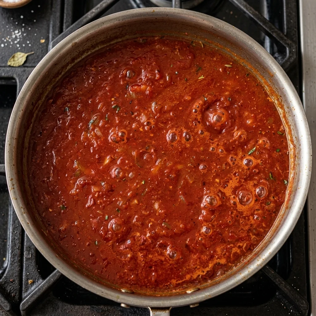 tomato paste cooking in skillet turning brick red with garlic and sun-dried tomatoes