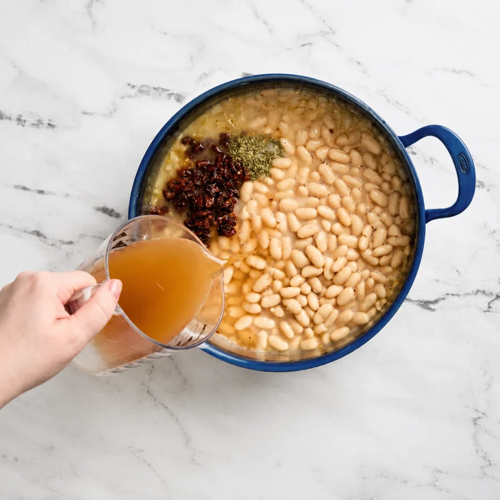 Marry Me White Beans: The Parmesan Emulsion Trick That Makes the Sauce Actually Cling 3 pour the broth